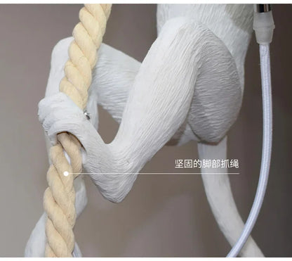 Art creative monkey Pendant lamp White black Resin animal hemp rope wall lamp