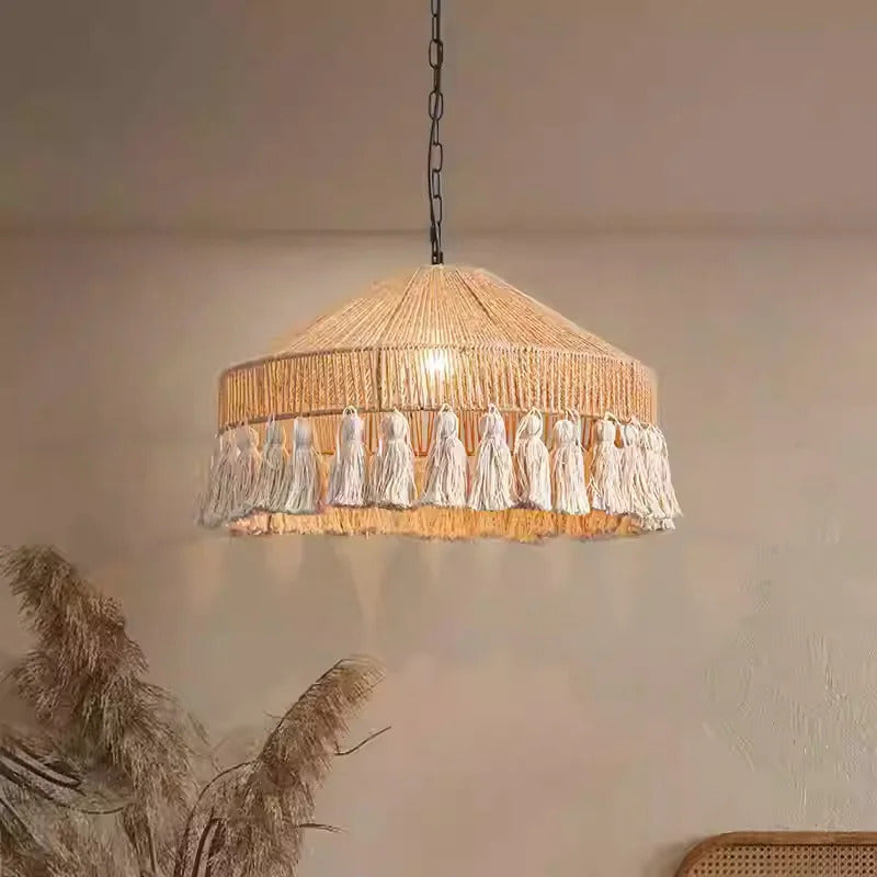 Wabi Sabi Style Retro Living Room Hemp Rope Pendant Light Bohemian Tassel Pendant Lamp