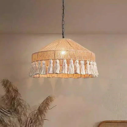 Wabi Sabi Style Retro Living Room Hemp Rope Pendant Light Bohemian Tassel Pendant Lamp