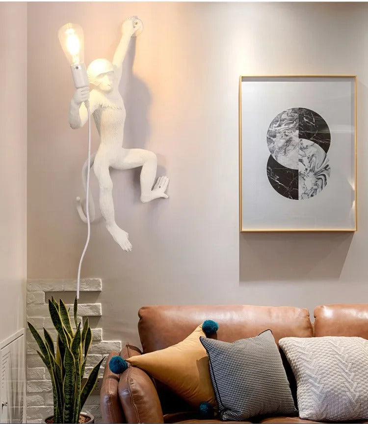 Art creative monkey Pendant lamp White black Resin animal hemp rope wall lamp