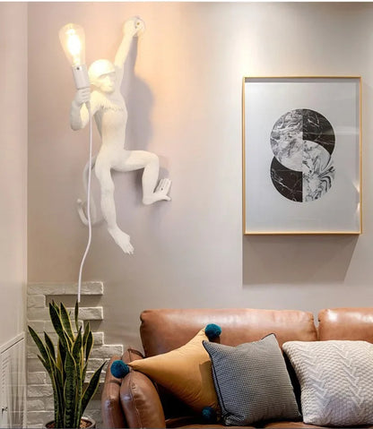 Art creative monkey Pendant lamp White black Resin animal hemp rope wall lamp