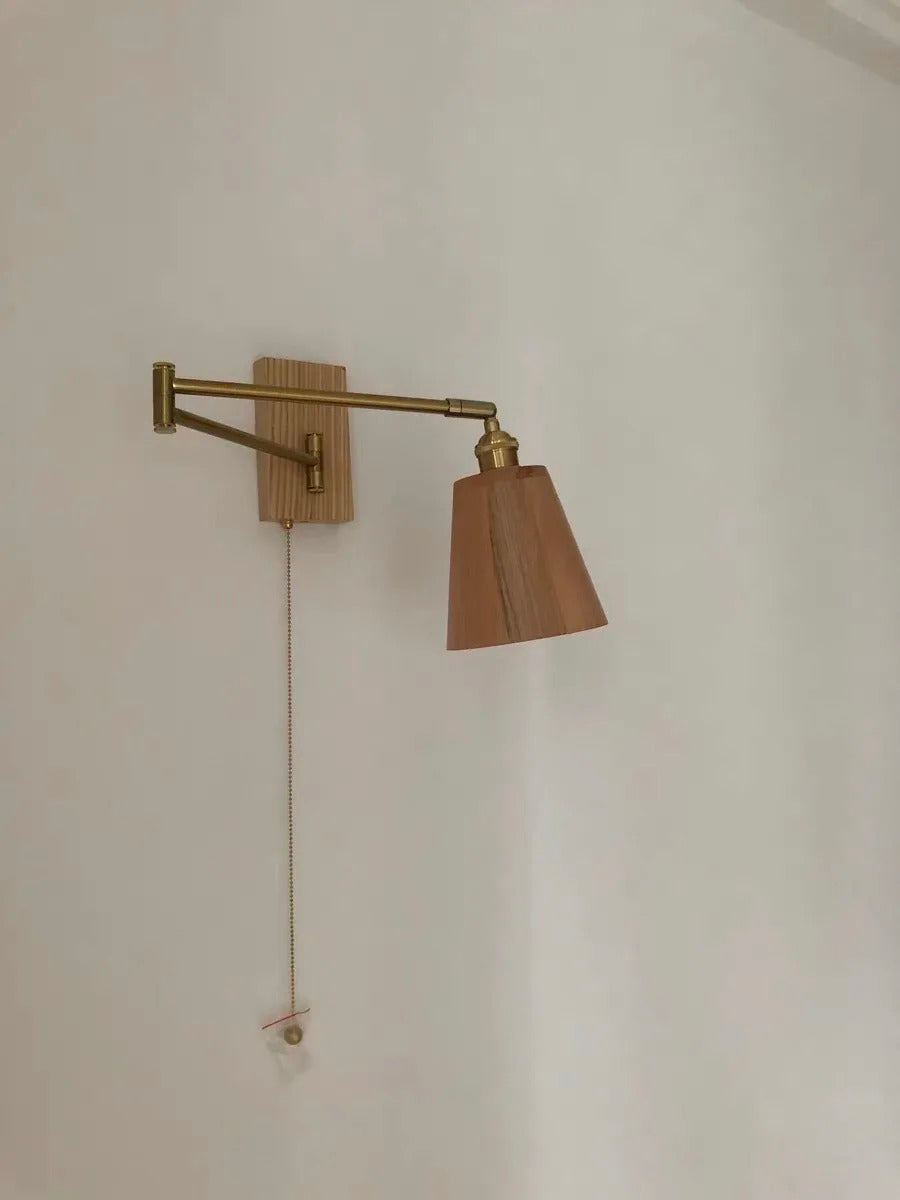 Retro Walnut Ash Wood LED Wall Lamp Copper Bedside Pull Chain Wall Light