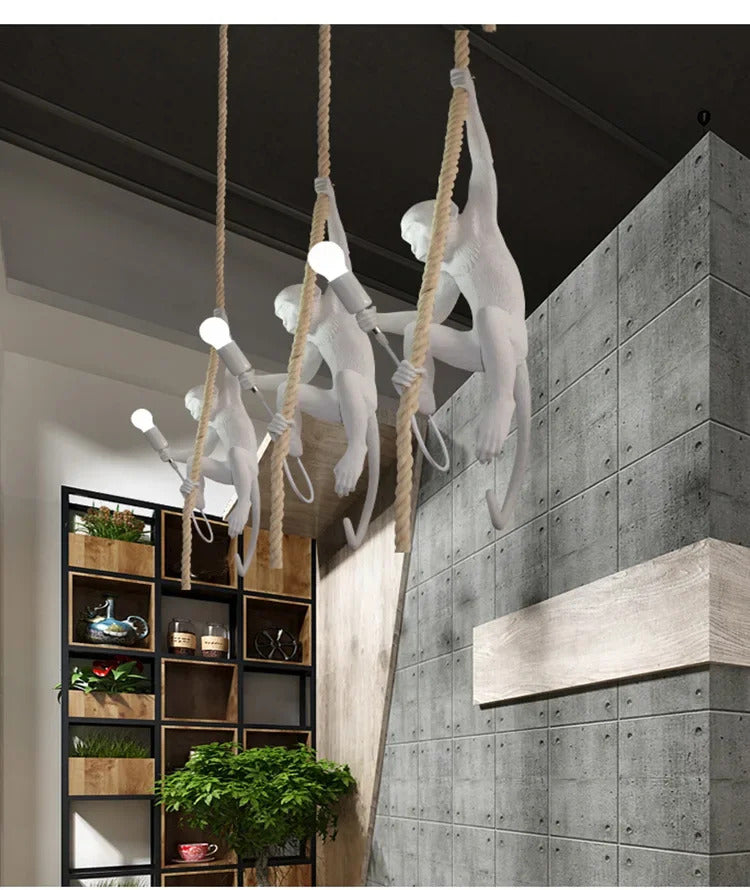 Art creative monkey Pendant lamp White black Resin animal hemp rope wall lamp