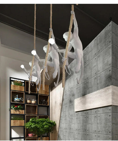 Art creative monkey Pendant lamp White black Resin animal hemp rope wall lamp