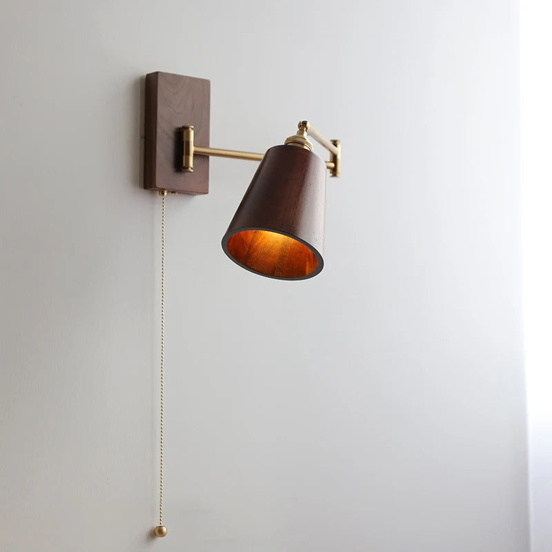 Retro Walnut Ash Wood LED Wall Lamp Copper Bedside Pull Chain Wall Light