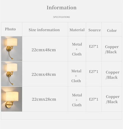 Bedside Wall Lamp LED Fabric Lampshade With 3W 360° Rotation Spotlight Reading lights