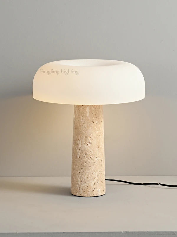 Modern Travertine Table Lamp Natural Stone LED Desk Lamp Indoor Decor Lighting Bedroom Living Room Study Matte Glass Lampshade