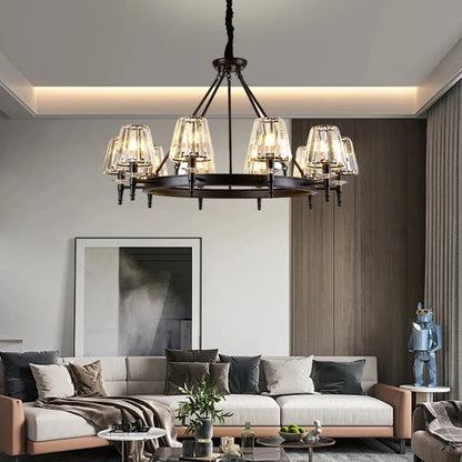 Retro Matte Black Round Metal Led Chandelier Lustre K9 Crystal Shades Pendant Lights Lighting Hanging Lamps Room Decor Fixtures