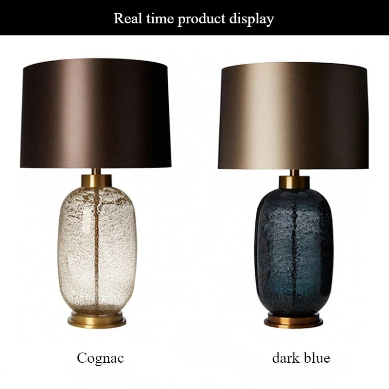 American Blue Glass Desk Lamp Fabric Lampshade Warm LED Light Bedroom Bedside Table Living Room Decor Accent