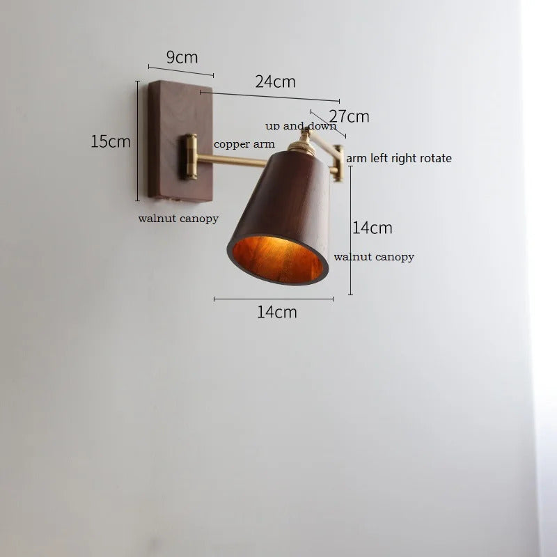 Retro Walnut Ash Wood LED Wall Lamp Copper Bedside Pull Chain Wall Light