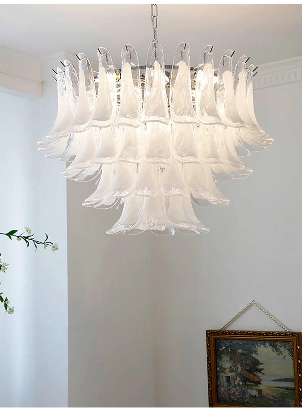 White Petal Glass Modern Romantic Artistic Ceiling Chandeliers Home LED Lighting Fixture Hanging Lamps for Living Room Decor