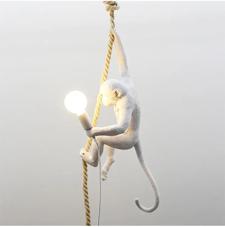 Art creative monkey Pendant lamp White black Resin animal hemp rope wall lamp