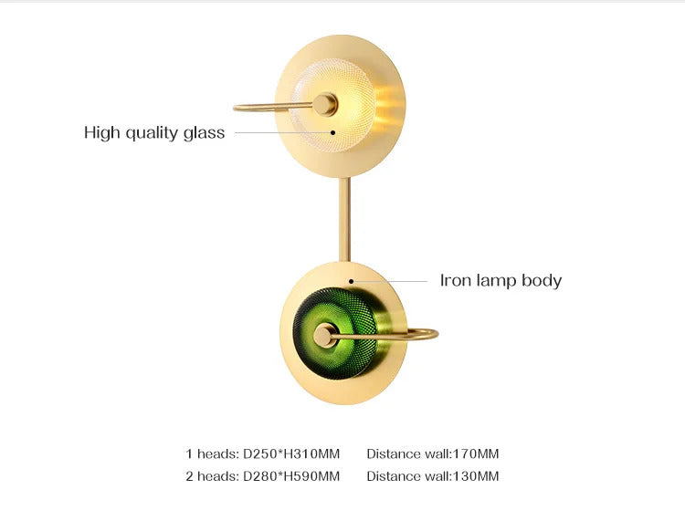 Nordic Retro round glass wall lamp Modern luxury metal plate Green Crystal wall light