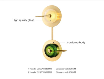 Nordic Retro round glass wall lamp Modern luxury metal plate Green Crystal wall light