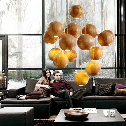 Wooden Orb Sphere Cluster Pendant Light
