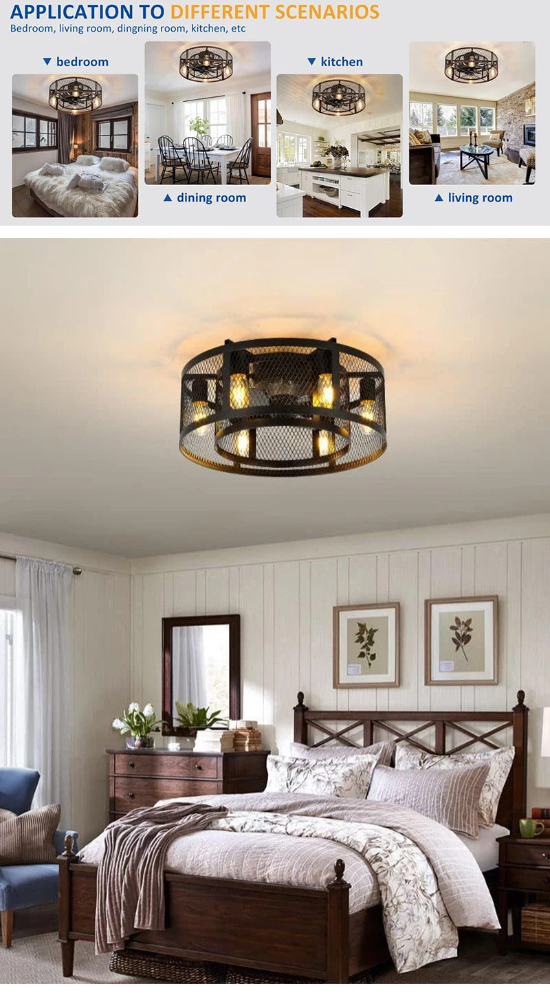 Cage Ceiling Fan with Light 20"Flush Mount Ceiling Fan Lights