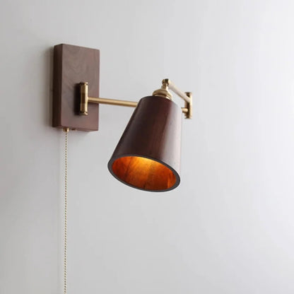 Retro Walnut Ash Wood LED Wall Lamp Copper Bedside Pull Chain Wall Light