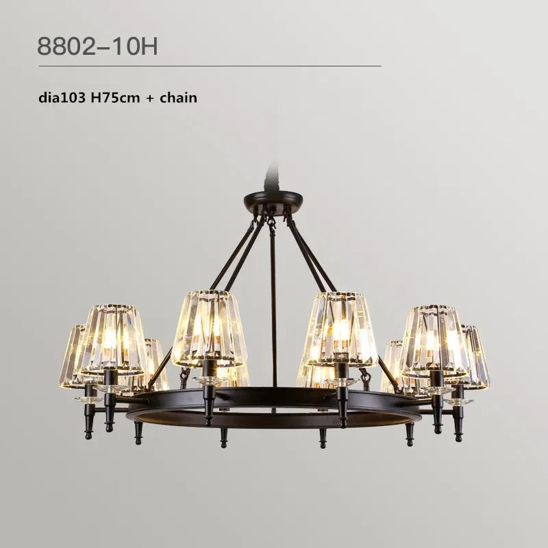 Retro Matte Black Round Metal Led Chandelier Lustre K9 Crystal Shades Pendant Lights Lighting Hanging Lamps Room Decor Fixtures