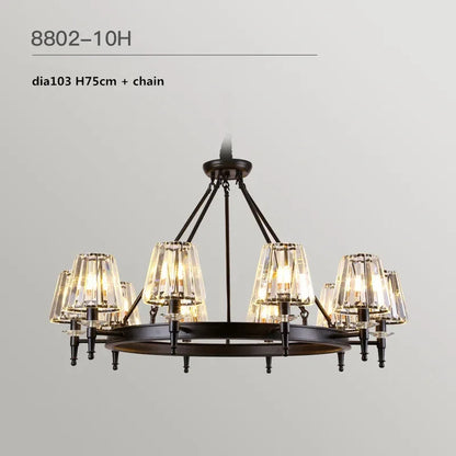 Retro Matte Black Round Metal Led Chandelier Lustre K9 Crystal Shades Pendant Lights Lighting Hanging Lamps Room Decor Fixtures