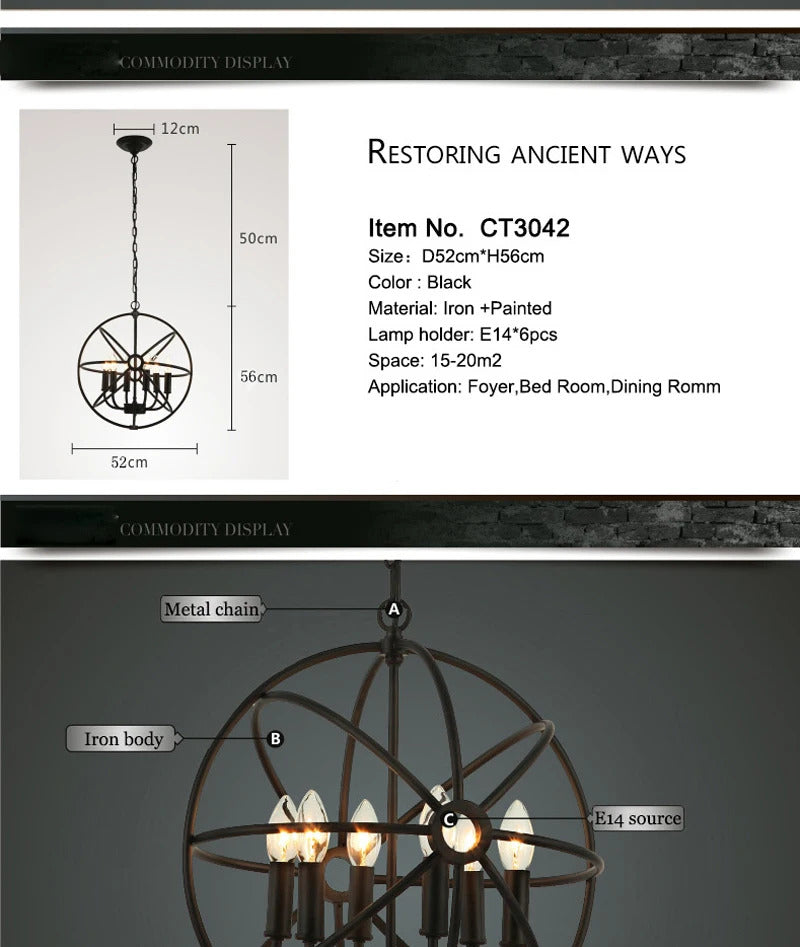 Retro Wrought Iron Chandelier Rustic Orb Chandelier