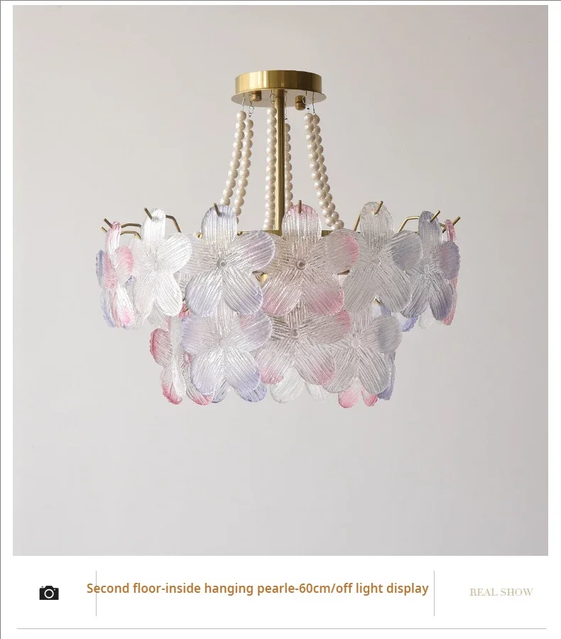 French Flower Crystal Chandelier Lamp Luxury Pink Glass Cream Petal Pendant Lights Living Room Bedroom Dining Room lighting