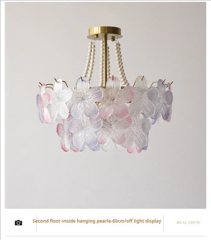 French Flower Crystal Chandelier Lamp Luxury Pink Glass Cream Petal Pendant Lights Living Room Bedroom Dining Room lighting