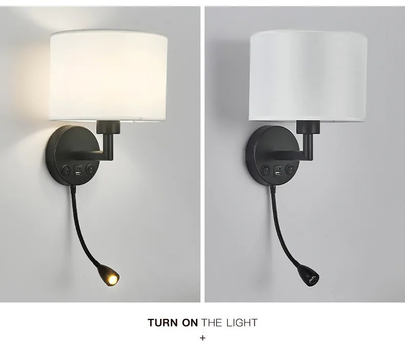 Bedside Wall Lamp LED Fabric Lampshade With 3W 360° Rotation Spotlight Reading lights