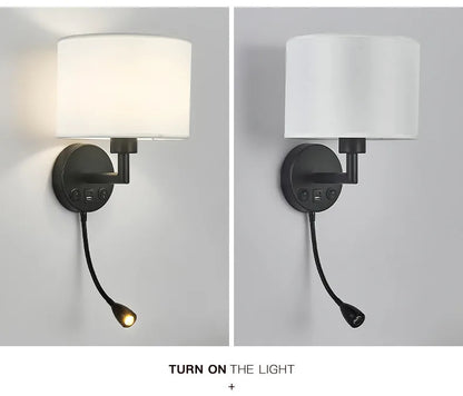 Bedside Wall Lamp LED Fabric Lampshade With 3W 360° Rotation Spotlight Reading lights