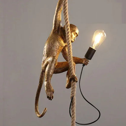 Art creative monkey Pendant lamp White black Resin animal hemp rope wall lamp