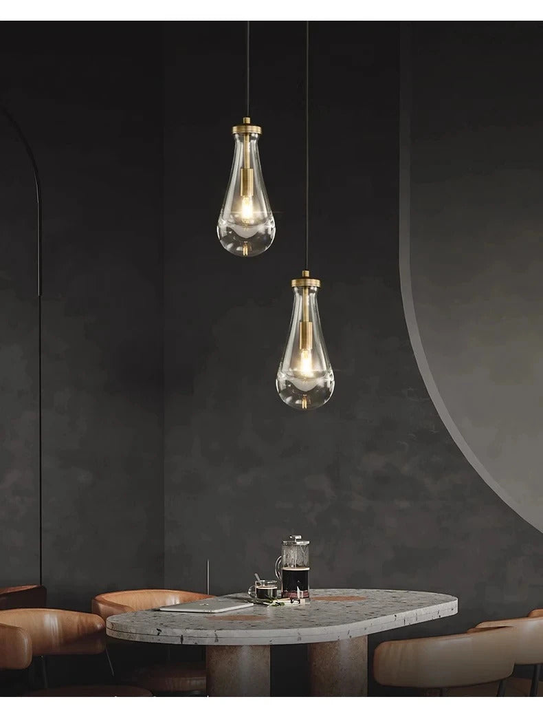 Luxury All Copper LED Pendant Light Modern Water drop Glass chandelier