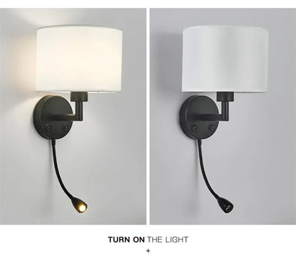 Bedside Wall Lamp LED Fabric Lampshade With 3W 360° Rotation Spotlight Reading lights
