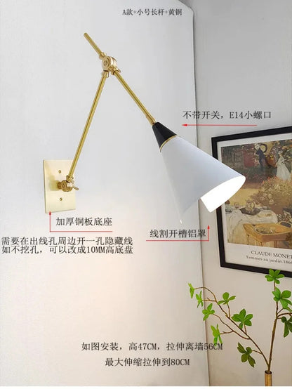American Luxury Brass golden Wall Lamp Retro Swing Arm Adjustable Wall Light