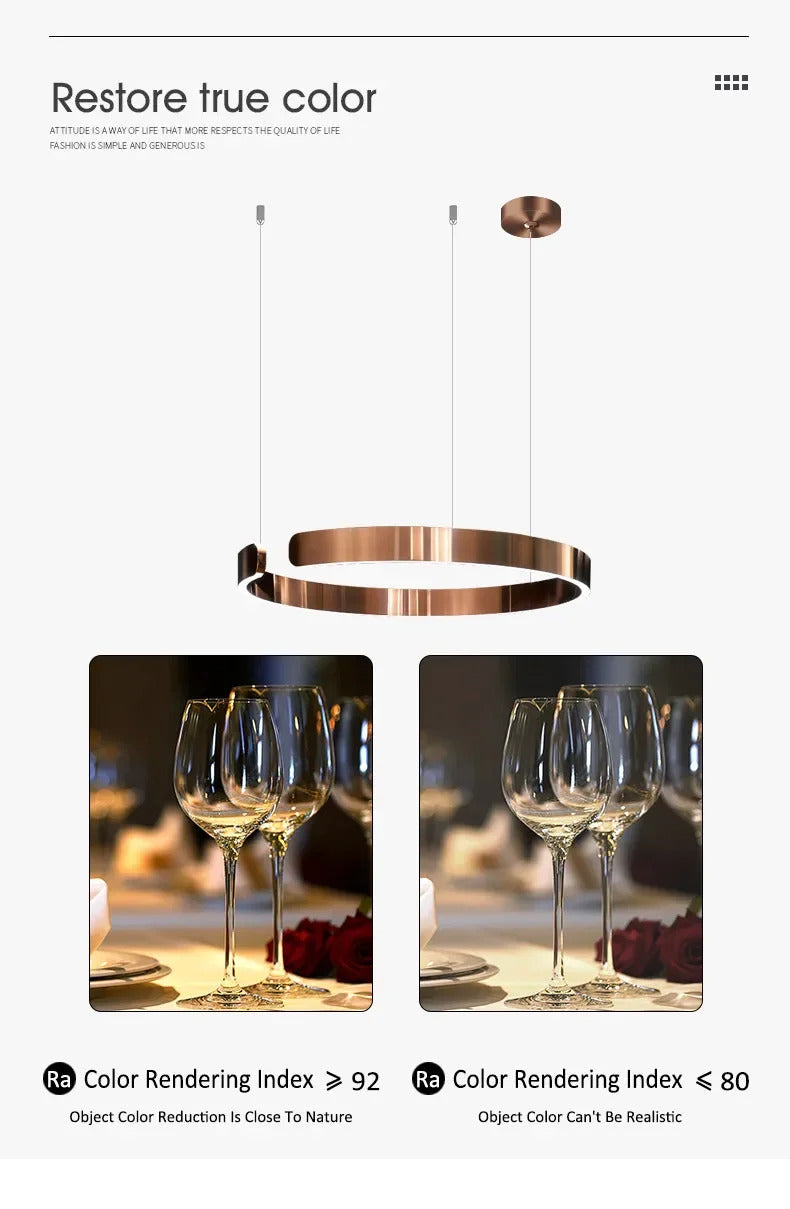 Moderno candeeiro suspenso LED em formato de anel, com intensidade regulável, nas cores dourado e preto, ideal para mesas, salas de jantar, cozinhas e quartos. Design minimalista e elegante. 