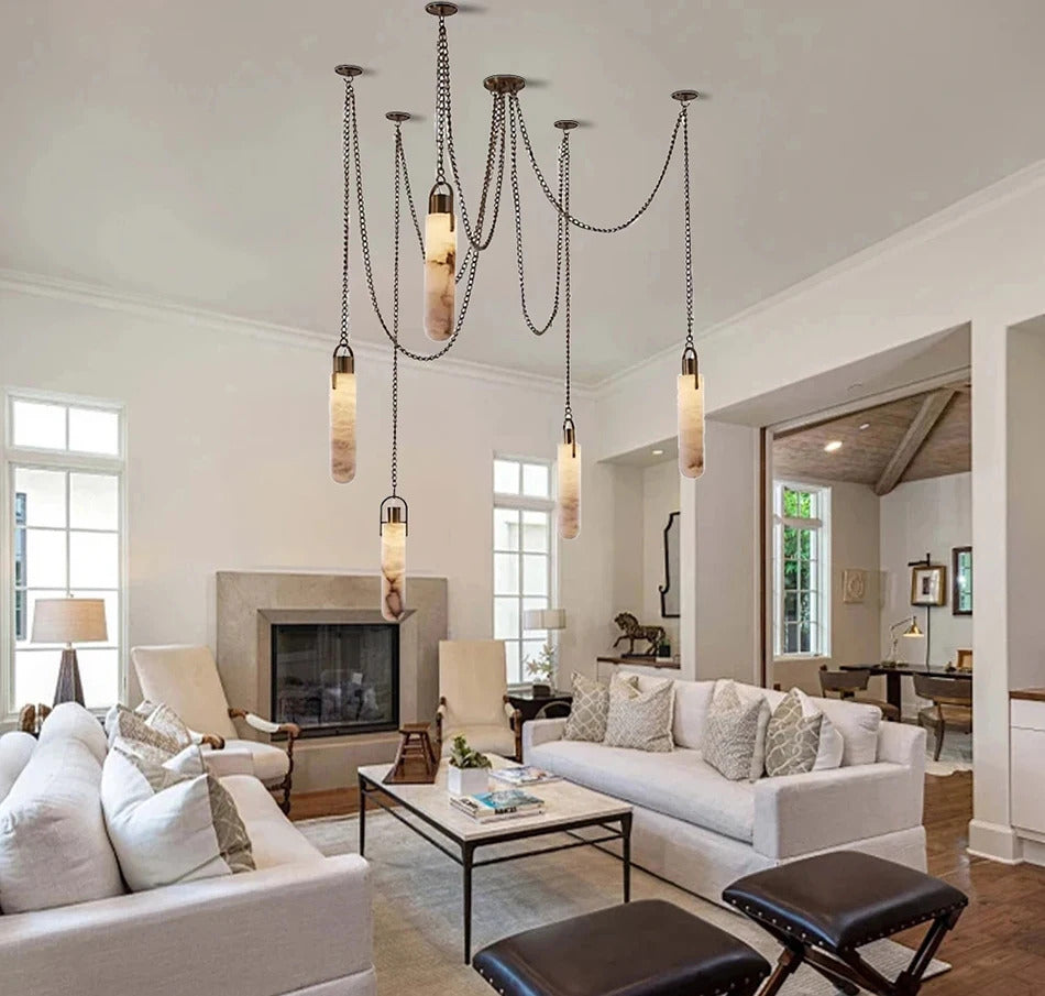 Marble Multi Light Pendant Chandelier Brass Alabaster Ceiling Chandelier Desigener For Living Dining Room Loft Staircase