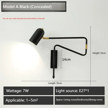 Nordic Long arm Wall lamp Art design Adjustable Wall light gold black swing sconce