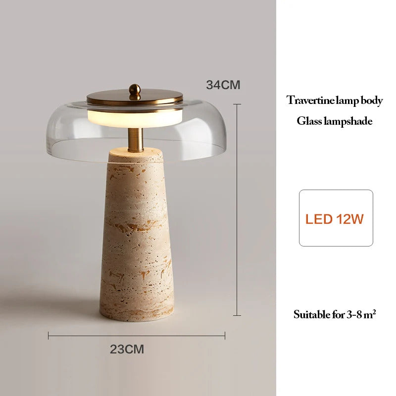 Modern Travertine Table Lamp Natural Stone LED Desk Lamp Indoor Decor Lighting Bedroom Living Room Study Matte Glass Lampshade