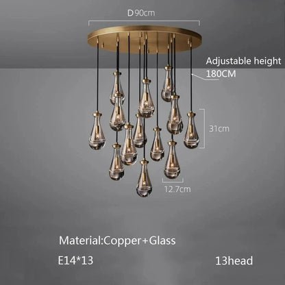 Luxury All Copper LED Pendant Light Modern Water drop Glass chandelier