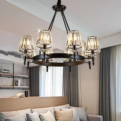 Retro Matte Black Round Metal Led Chandelier Lustre K9 Crystal Shades Pendant Lights Lighting Hanging Lamps Room Decor Fixtures