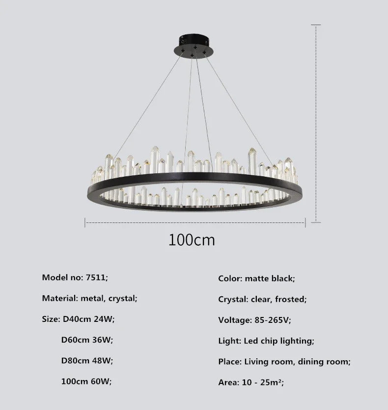 Modern Luxury Crystal Ring chandeliers Round black golden pendant lamp LED hanging light