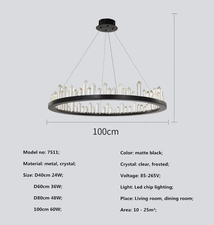 Modern Luxury Crystal Ring chandeliers Round black golden pendant lamp LED hanging light