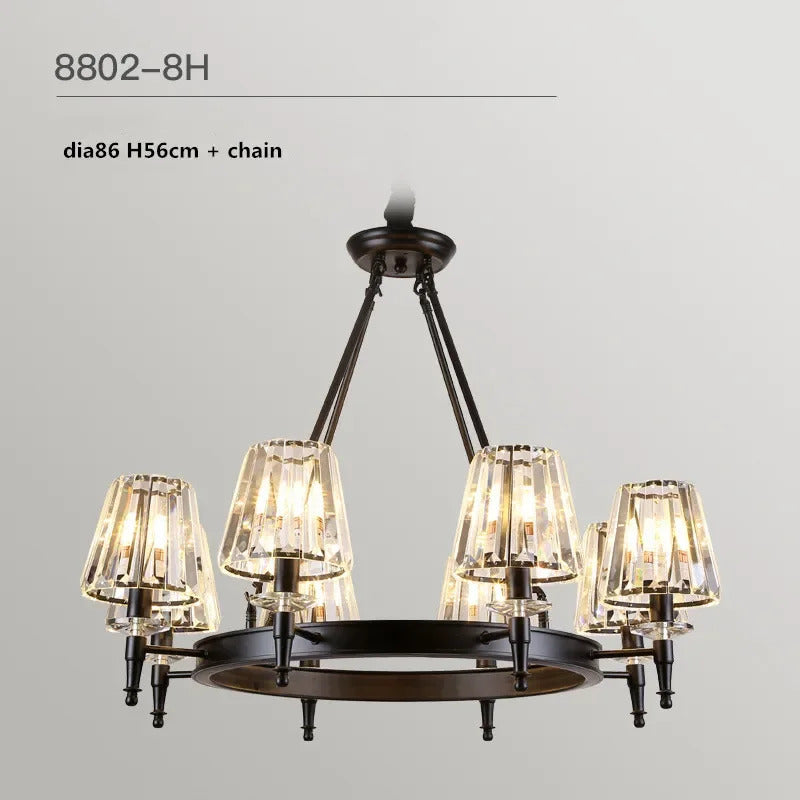 Retro Matte Black Round Metal Led Chandelier Lustre K9 Crystal Shades Pendant Lights Lighting Hanging Lamps Room Decor Fixtures
