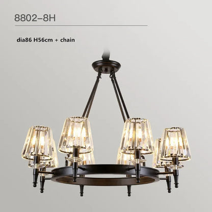 Retro Matte Black Round Metal Led Chandelier Lustre K9 Crystal Shades Pendant Lights Lighting Hanging Lamps Room Decor Fixtures