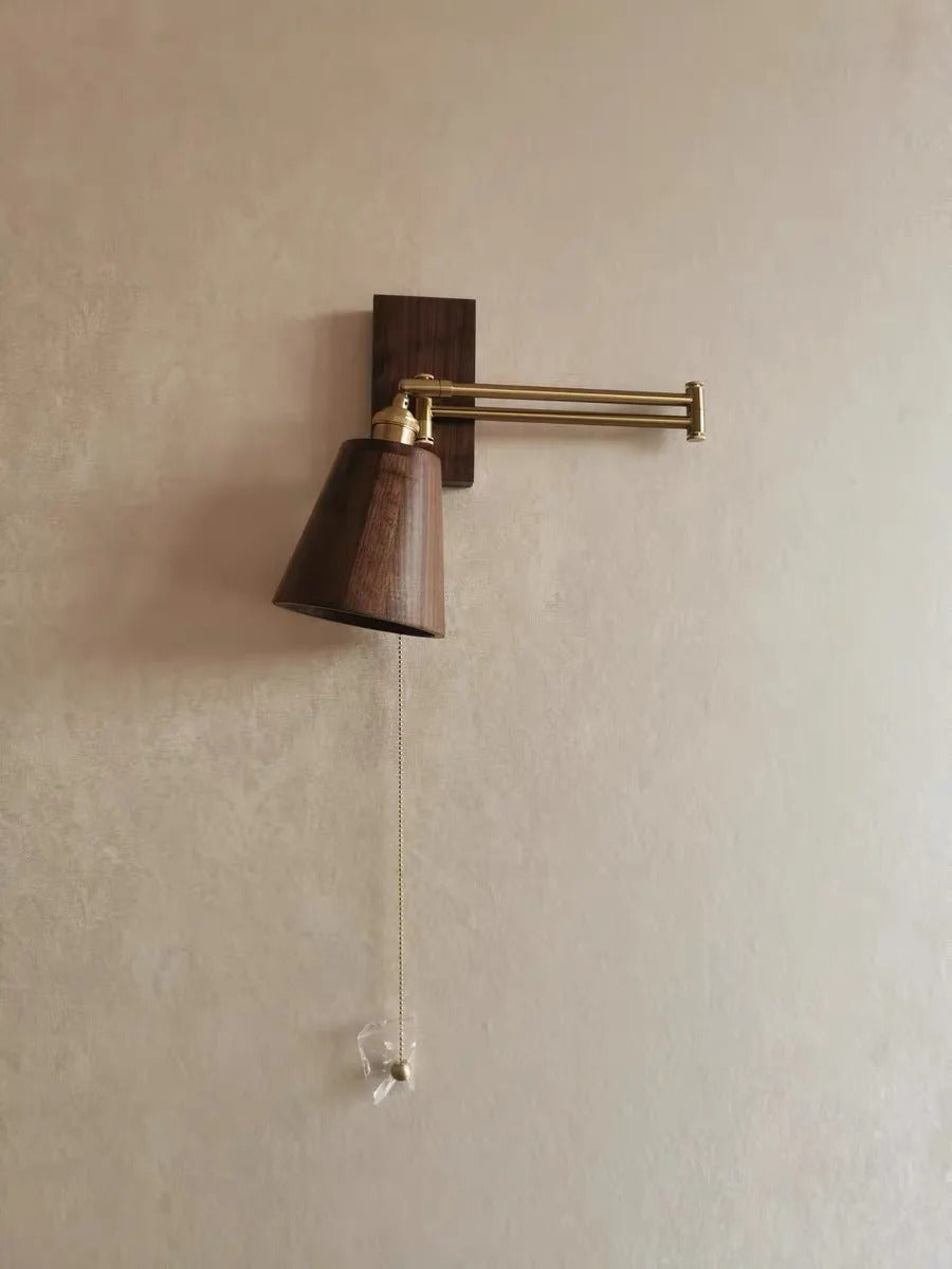 Retro Walnut Ash Wood LED Wall Lamp Copper Bedside Pull Chain Wall Light