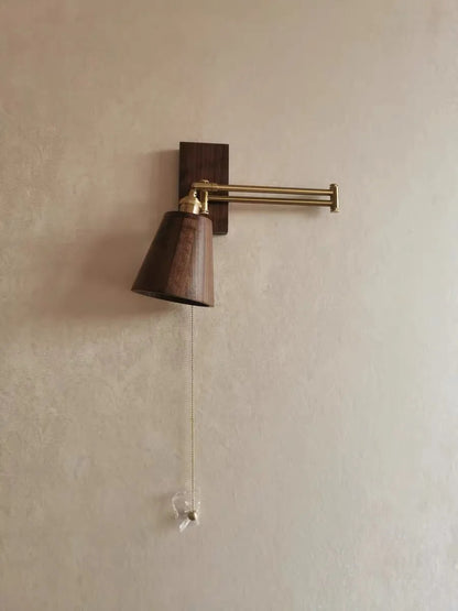 Retro Walnut Ash Wood LED Wall Lamp Copper Bedside Pull Chain Wall Light