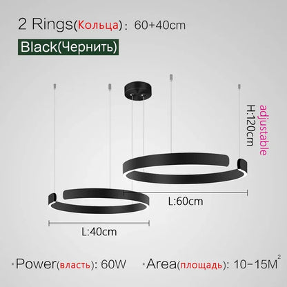 Moderno candeeiro suspenso LED em formato de anel, com intensidade regulável, nas cores dourado e preto, ideal para mesas, salas de jantar, cozinhas e quartos. Design minimalista e elegante. 