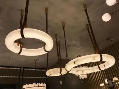 Hot selling high-end living room main light, round all copper leather pendant light, Spanish marble pendant light