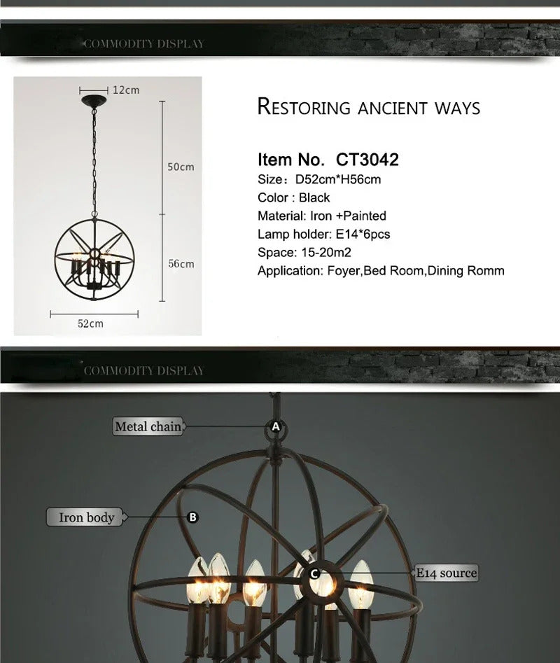 Retro Wrought Iron Chandelier Rustic Orb Vintage Crystal Bird Cage pendant lamps