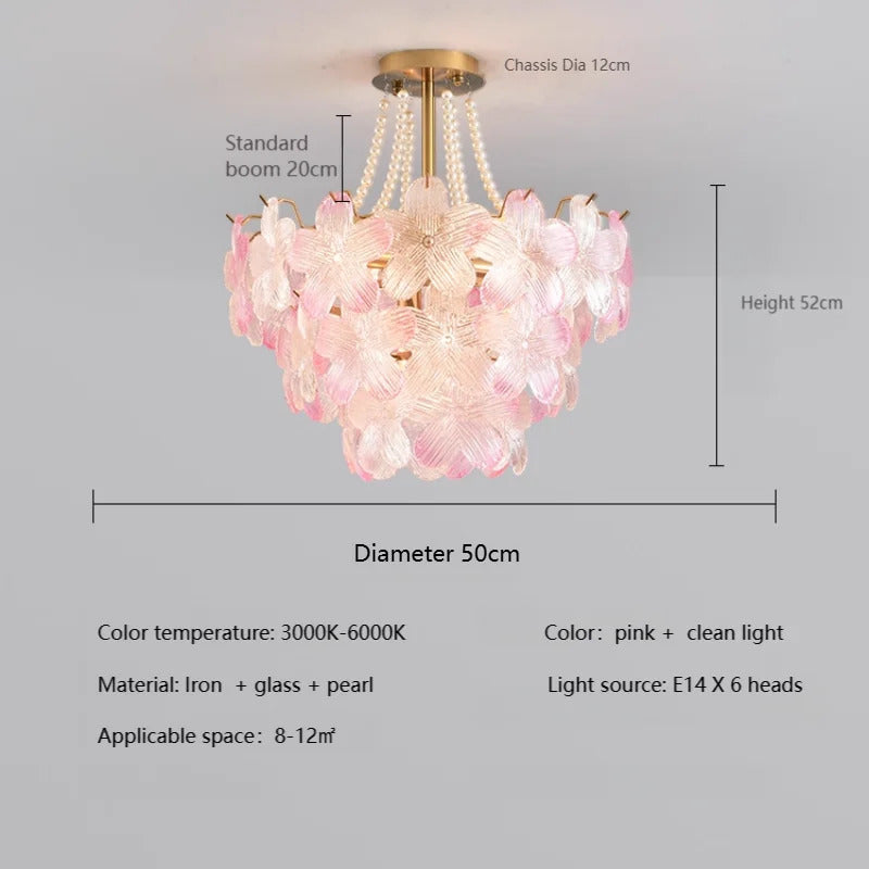 French Flower Crystal Chandelier Lamp Luxury Pink Glass Cream Petal Pendant Lights Living Room Bedroom Dining Room lighting