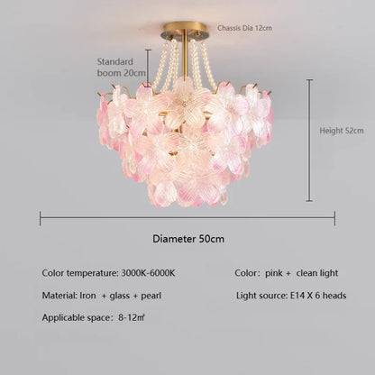 French Flower Crystal Chandelier Lamp Luxury Pink Glass Cream Petal Pendant Lights Living Room Bedroom Dining Room lighting