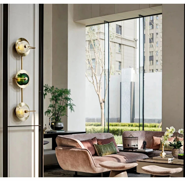 Nordic Retro round glass wall lamp Modern luxury metal plate Green Crystal wall light